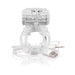 Transparent rechargeable vibrating ring with USB charging cable on white background