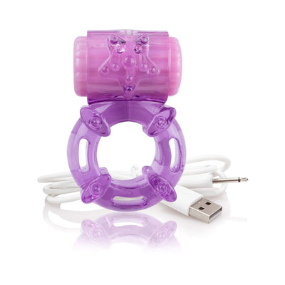 Purple rechargeable vibrating ring with textured surface and USB charging cable on white background.