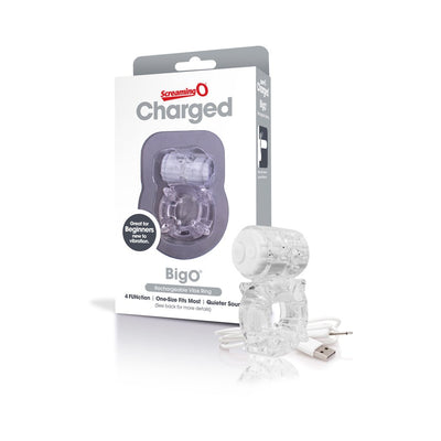 Transparent rechargeable vibrating ring with USB cable and Screaming O Charged Big O packaging in background.