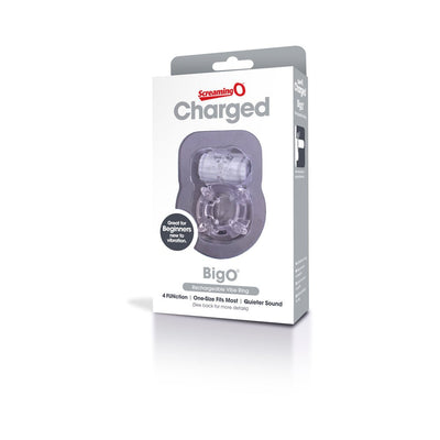 Packaging of Screaming O Charged Big O Purple rechargeable vibrating cock ring for beginners with one-size fit and quieter sound features.