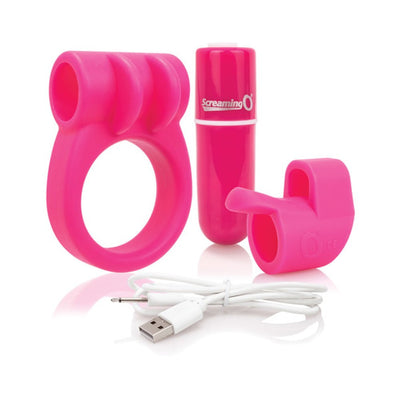 Purple silicone dual-ring and fingertip sleeve with bullet vibrator and USB charging cable on white background.