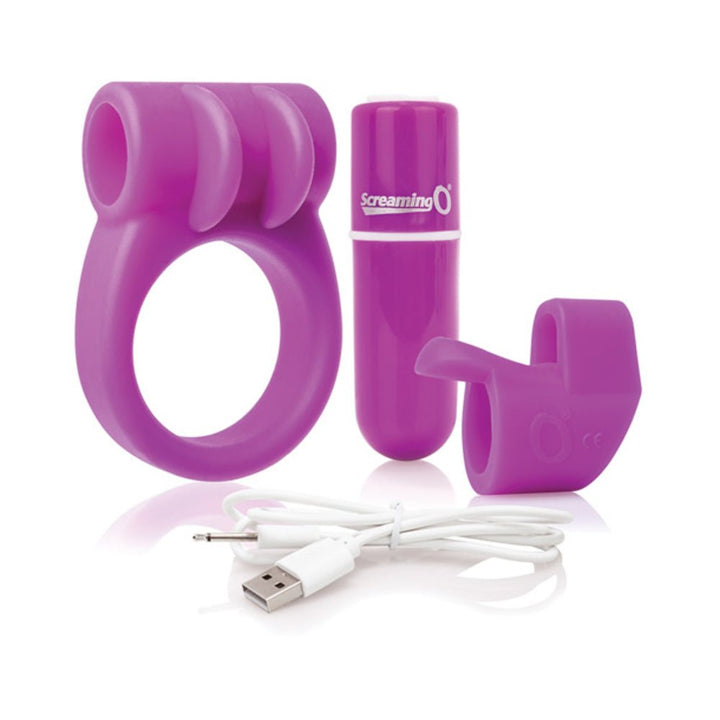 Purple Charged Combo Kit featuring a stretchy two-sided ring, fingertip sleeve, bullet vibrator, and USB charging cable.