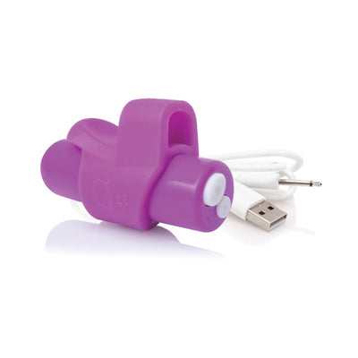 Purple silicone vibrating fingertip sleeve with USB charging cable on white background.