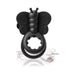 Black silicone butterfly-shaped wearable vibe with dual rings and USB charging cable on white background.