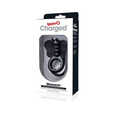 Black silicone wearable butterfly vibrator cock ring in retail packaging with clear window and product branding.