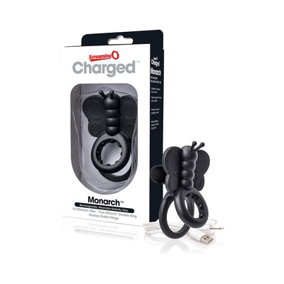 Black wearable butterfly-shaped silicone vibrating ring with USB charging cable and packaging box.