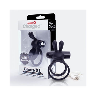 Black rechargeable wearable rabbit vibrator with double ring and USB charging cable displayed next to its packaging.