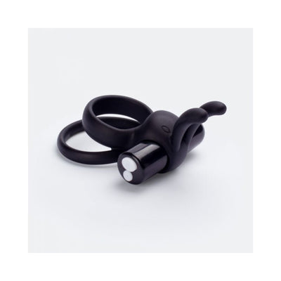 Black wearable rabbit vibrator with dual rings and flexible ears on a white background.