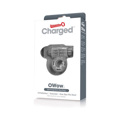 Charged OWow rechargeable textured vibrating ring in white and gray retail packaging with clear window display.
