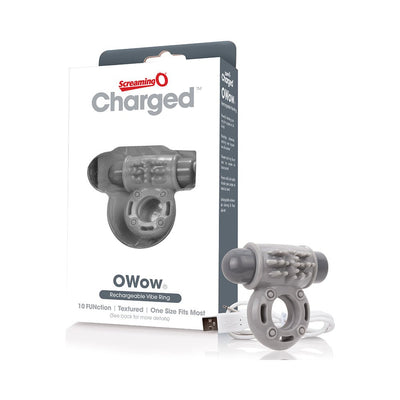 Gray textured rechargeable vibrating ring with USB cable and packaging box for Screaming O Charged OWow.