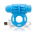 Blue rechargeable vibrating ring with textured sleeve and USB charging cable on white background.