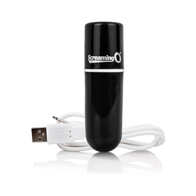 Black Screaming O Charged Vooom rechargeable bullet vibrator with USB charging cable on white background