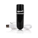Black Screaming O Charged Vooom rechargeable bullet vibrator with USB charging cable on white background