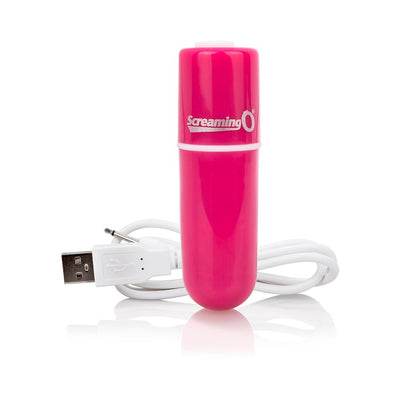 Pink rechargeable bullet vibrator with USB charging cable and Screaming O logo on a white background.