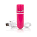 Pink rechargeable bullet vibrator with USB charging cable and Screaming O logo on a white background.