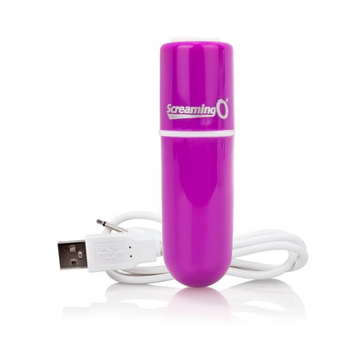 Purple Screaming O Charged Vooom rechargeable bullet vibrator with white USB charging cable on white background