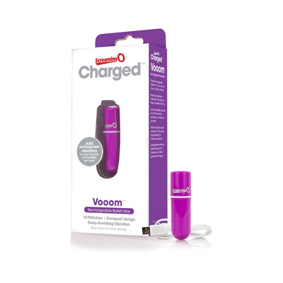 Purple Screaming O Charged Vooom rechargeable bullet vibrator with USB charging cable and packaging box.