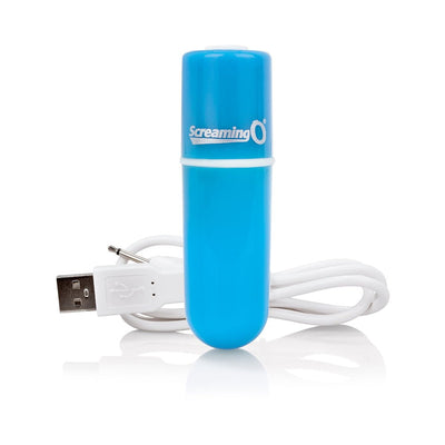 Blue Screaming O Charged Vooom rechargeable bullet vibrator with USB charging cable on white background.