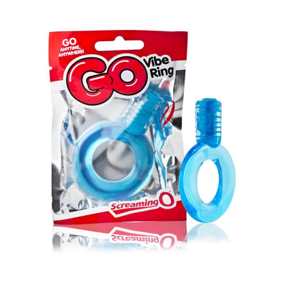 Blue Screaming O Go Vibe Ring with vibrating motor shown in and out of its red and silver packaging.