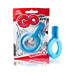 Blue Screaming O Go Vibe Ring with vibrating motor shown in and out of its red and silver packaging.