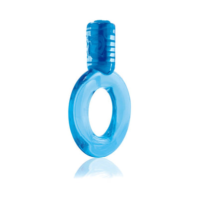 Blue translucent vibrating ring with a small motor attachment designed for enhanced pleasure and performance.