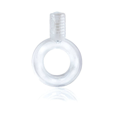 Clear stretchy vibrating ring with textured top for targeted stimulation and enhanced pleasure.