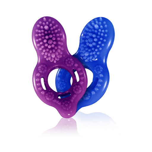 Two Screaming O O-joy cock rings in blue and purple with textured nubs and ergonomic design on white background.