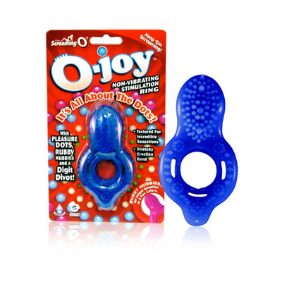 Blue Screaming O O-joy non-vibrating textured stimulation ring with pleasure dots and digit divot in packaging and out