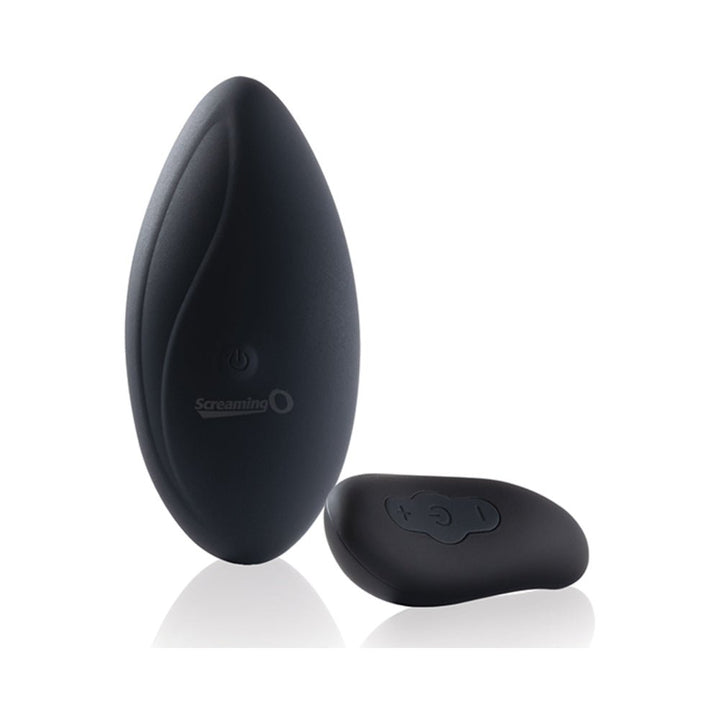 Black ergonomic remote-controlled panty vibrator with matching compact remote control on white background.