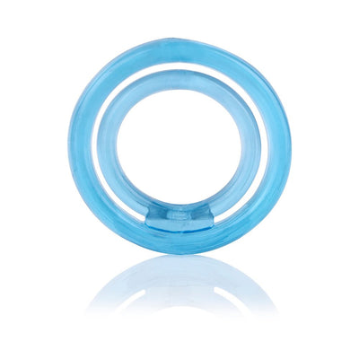 Blue double-ring silicone erection enhancer with ball sling design on white background