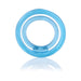 Blue double-ring silicone erection enhancer with ball sling design on white background