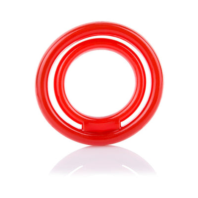 Red double-ring silicone erection ring with ball sling for enhanced support and comfort.