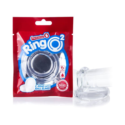 Clear Screaming O Ringo 2 dual-ring with ball sling displayed next to its red and blue packaging.