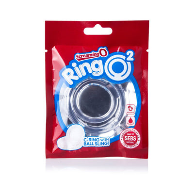 Screaming O Ringo 2 clear double ring with ball sling in red and blue resealable packaging.