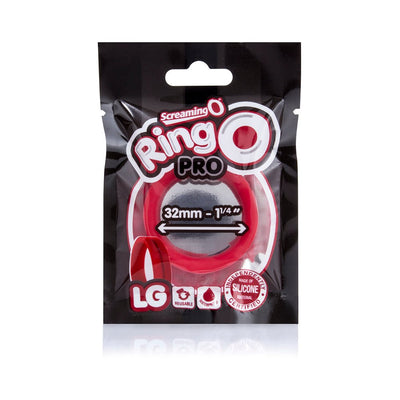 Packaging of Screaming O Ringo Pro red silicone penis ring with size and reusable waterproof icons visible