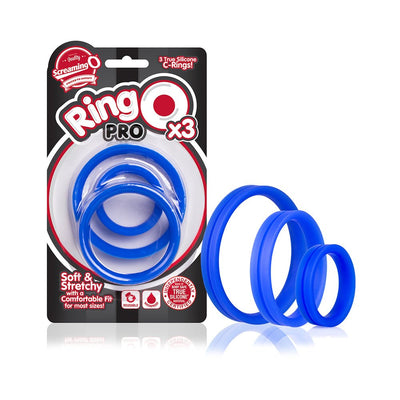 Set of three blue silicone stretch rings with packaging labeled Screaming O Ringo Pro X3, designed for comfort and reusable use.