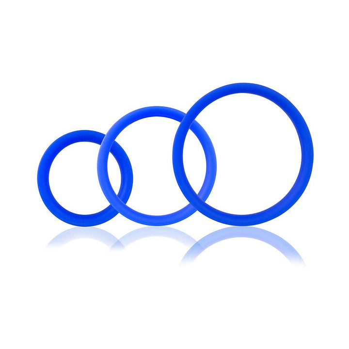 Set of three blue silicone rings in small, medium, and large sizes with a smooth, seamless design on a white background.