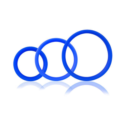 Set of three blue silicone rings in small, medium, and large sizes with a smooth, seamless design on a white background.