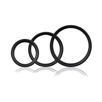Set of three black silicone rings in small, medium, and large sizes with a smooth finish and seamless design.