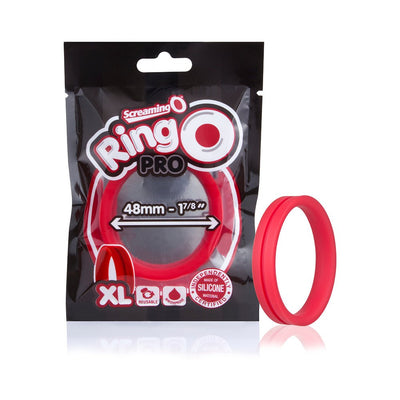 Red Screaming O Ringo Pro XL silicone cock ring with packaging showing size and reusable waterproof icons.