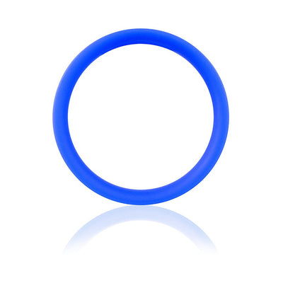 Blue silicone stretchy cock ring with smooth surface and reflective shadow on white background