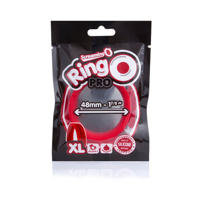 Screaming O Ringo Pro XL red silicone cock ring in black resealable packaging with size and features displayed.