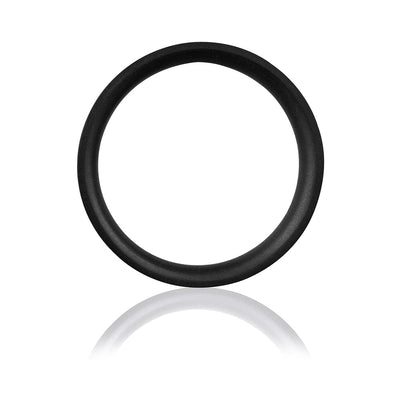 Black silicone cock ring with a smooth finish and reflective surface on a white background.