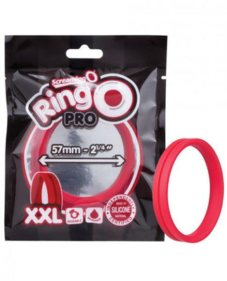 Red Screaming O Ringo Pro XXL silicone ring with packaging highlighting 2.25-inch diameter and reusable design.