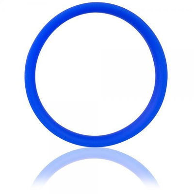 Blue silicone stretch ring with smooth texture and seamless design, shown against a white background with reflection.