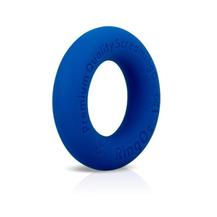 Blue silicone comfort ring with embossed branding and smooth matte finish on white background