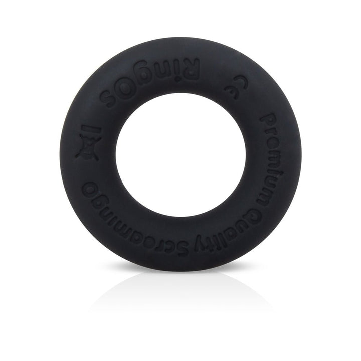 Black premium silicone cock ring with embossed branding, smooth texture, and circular shape on white background.