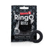Black liquid silicone cock ring displayed next to its Screaming O Ringo Ritz branded packaging.