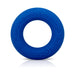 Blue liquid silicone cock ring with embossed branding and smooth finish, designed for comfort and flexibility.