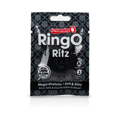 Packaging of Screaming O Ringo Ritz XL liquid silicone cock ring in black with product details and branding visible